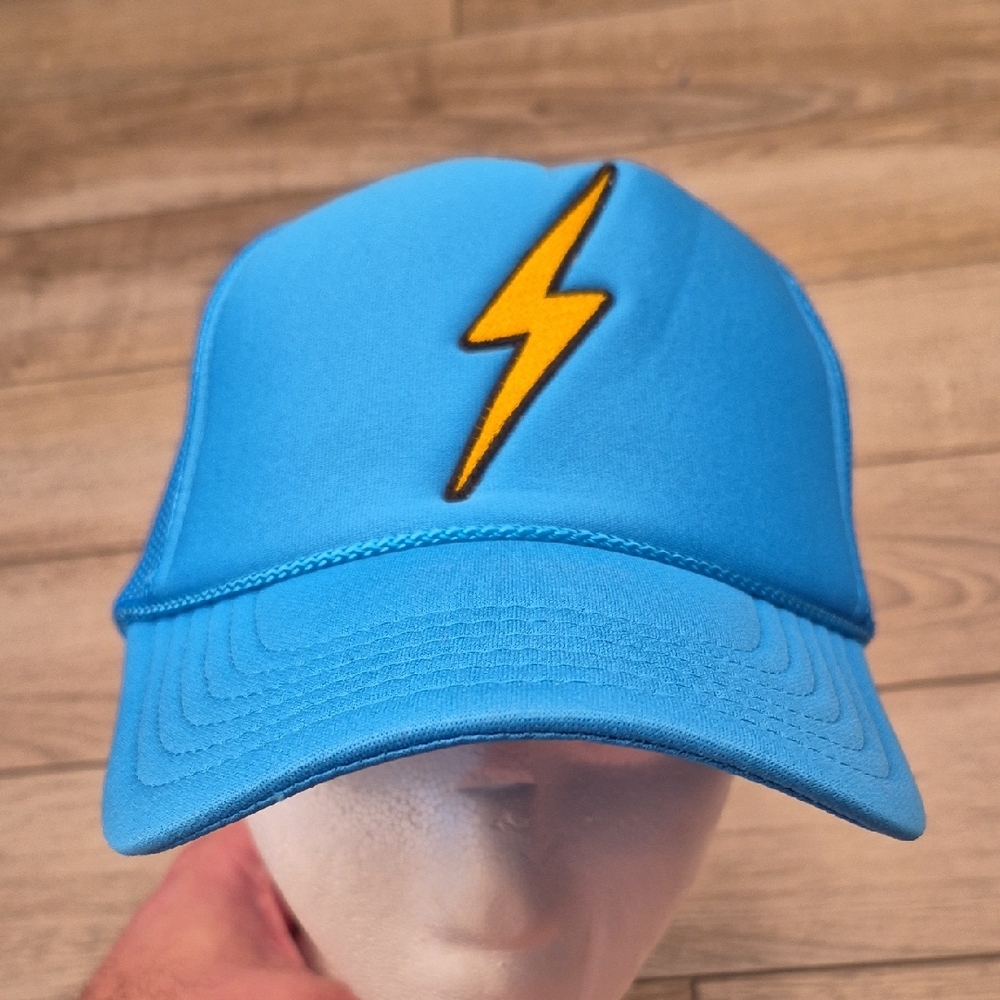 AVIATOR NATION Lightning Bolt Trucker Blue Gold Mesh Snapback Hat Cap